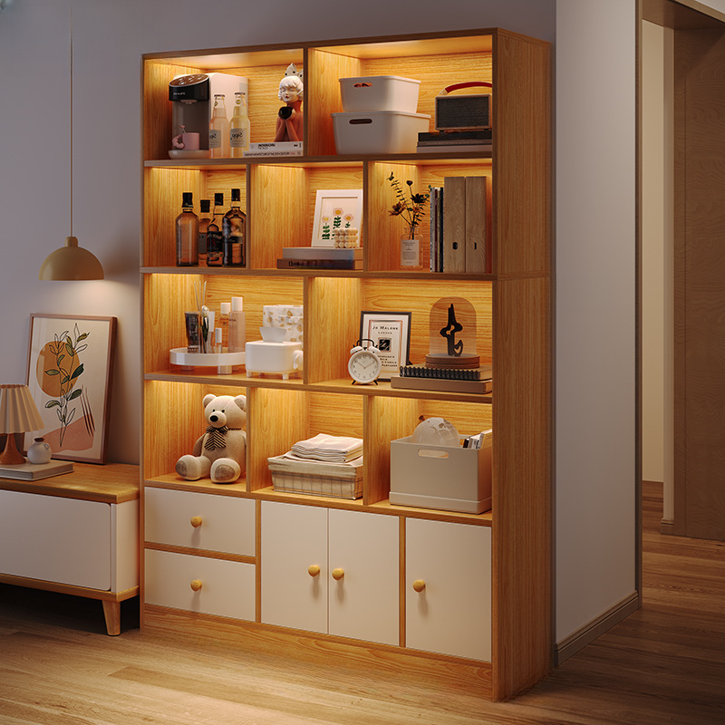 Floor Accent Cabinet with Container Storage and Unenclosed Open Storage
