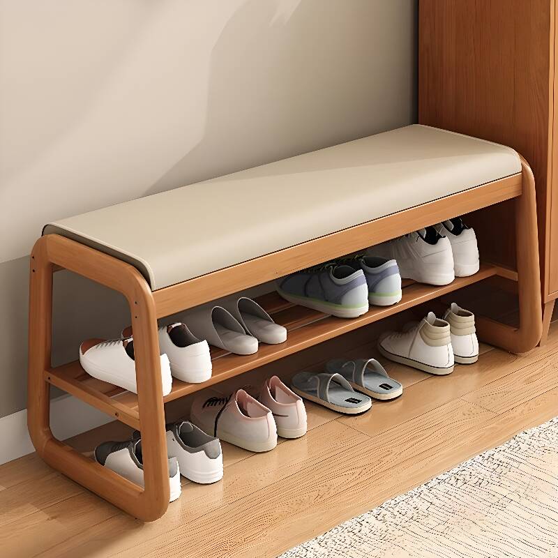 Ivory Upholstered Rectangular Shoe Bench with Shoe Storage