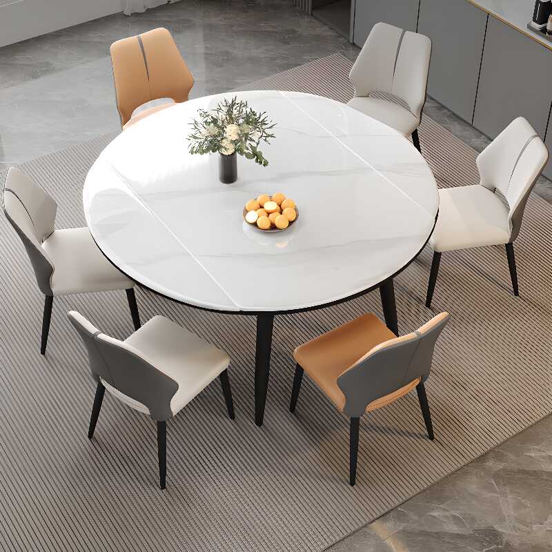 Modern Simple Style Rounded Dining Table with Chalk Slate Top and Fold-in Leaf Mechanism