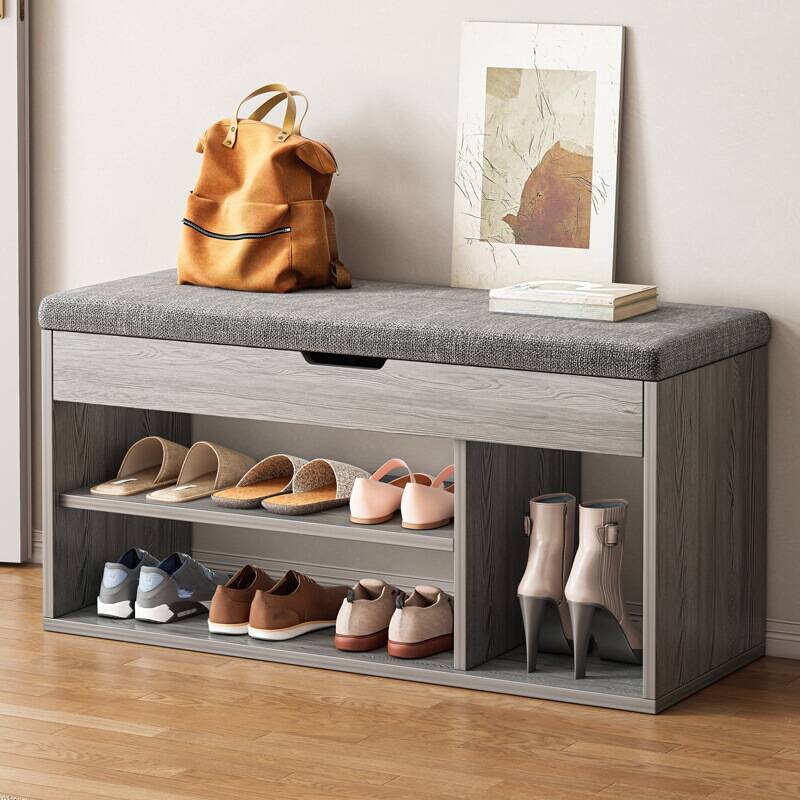 Simplistic Solid Colour Grey Cushioned Composite Wood Shoe Bench with Rectangular Shape and Folding Top Storage