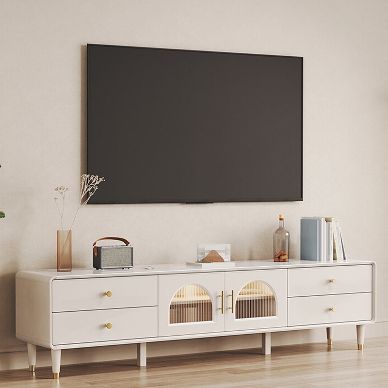 Sleek Rectangular Sintered Stone TV Stand with 4 Drawers, Cabinet, 2 Interior Shelves, and Lighting