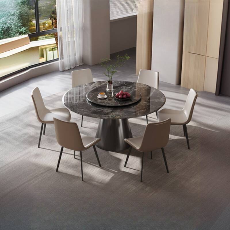 Simplistic Circular-shaped Dining Table with Marble Slab Top and Lazy Susan/Fixed Mechanism in Midnight Black