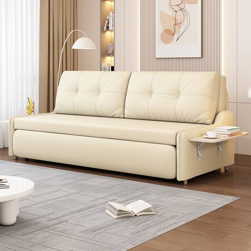 Water-resistant Cream Leatherette Sleeper Sofa with Biscuit Back, Loveseat Size, Includes Pillow, Multiple Bed Sizes