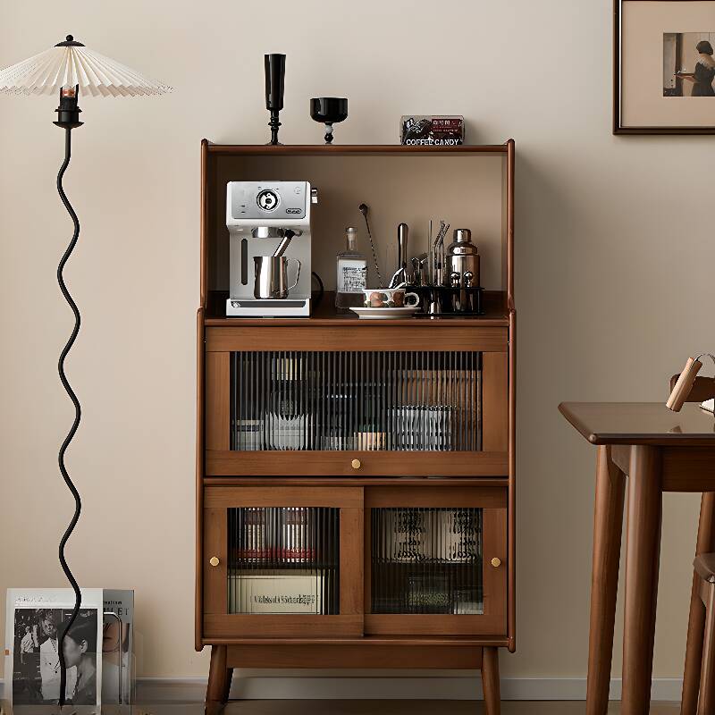 Minimalist Narrow Kitchen Cupboards Server with Locker, Natural Wood Countertop, and Flexible Shelf Sliding Doors