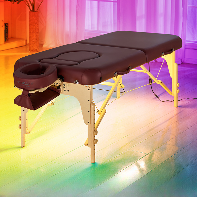 Adjustable Height, Lightweight, Stackable & Toteable Wood H-Shape Red Massage Bed