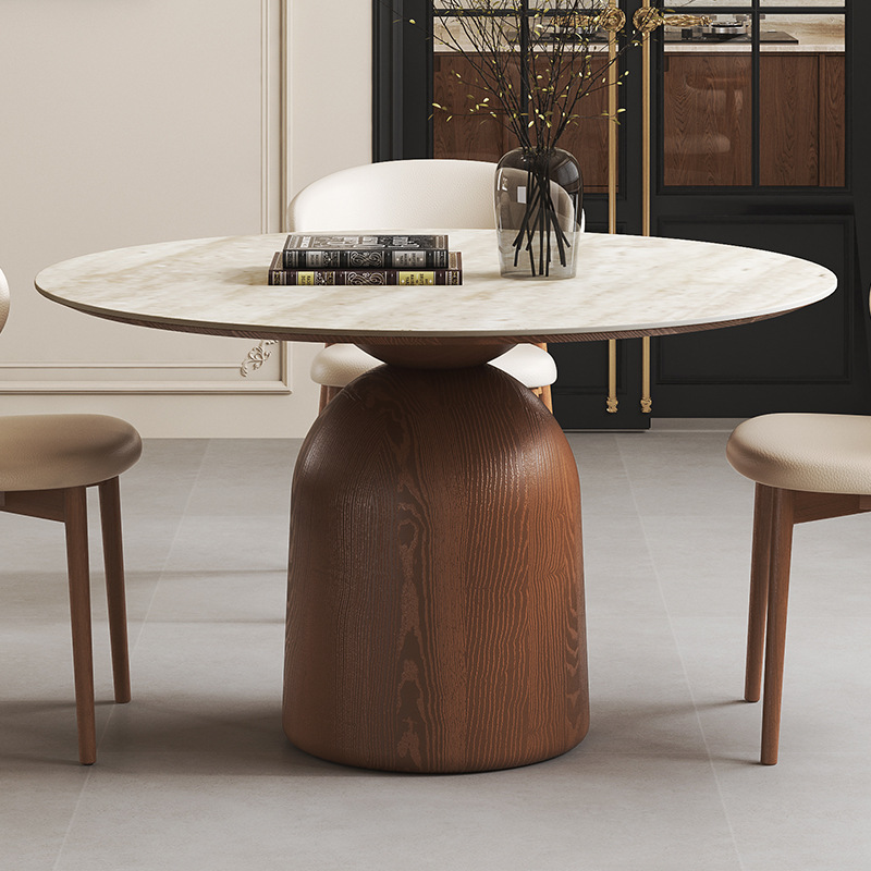 Classic Rounded Dining Table with Slate Top, Fixed Table Mechanism in Wood Colour