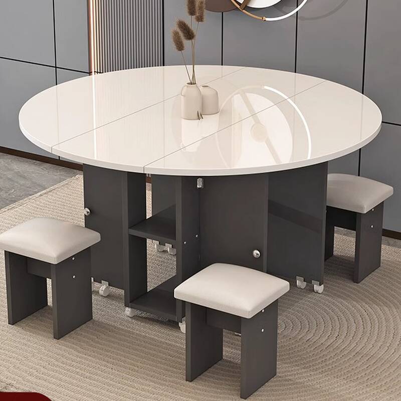 Off-White Dining Table with Retractable Leaf Mechanism and Storage Container