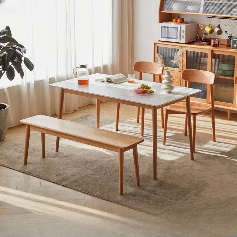 Minimalist Rectangular Dining Table with Slate Top, Fixed Table Mechanism in Chalk Colour