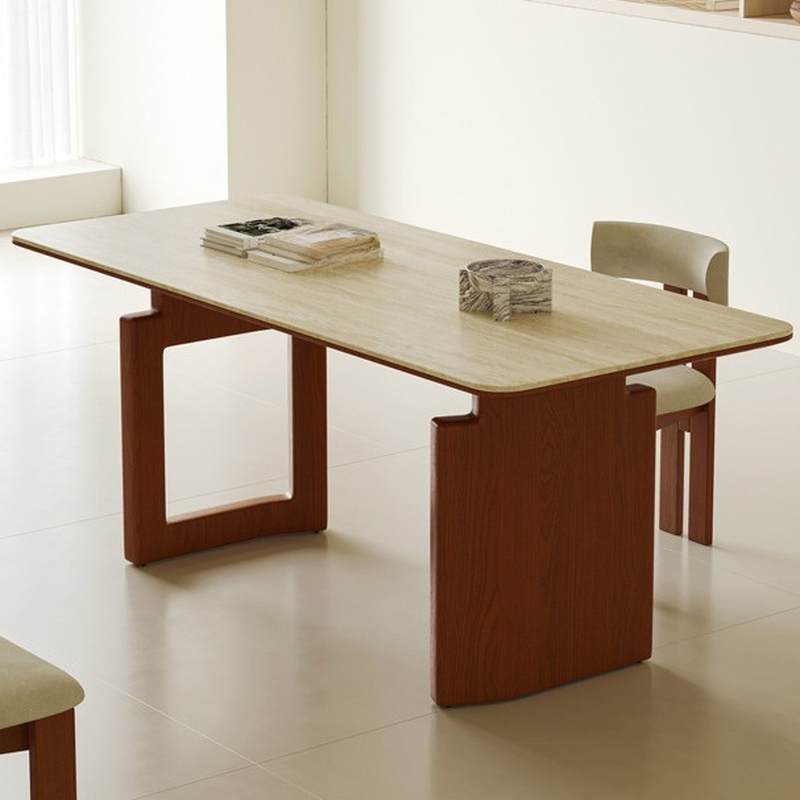 Modern Simple Style Rectangular Dining Table with Slate Top, Fixed Table Mechanism in Wood Colour