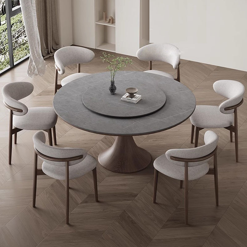 Simple Grey Slate Orbicular Dining Table with Lazy Susan/Fixed Mechanism