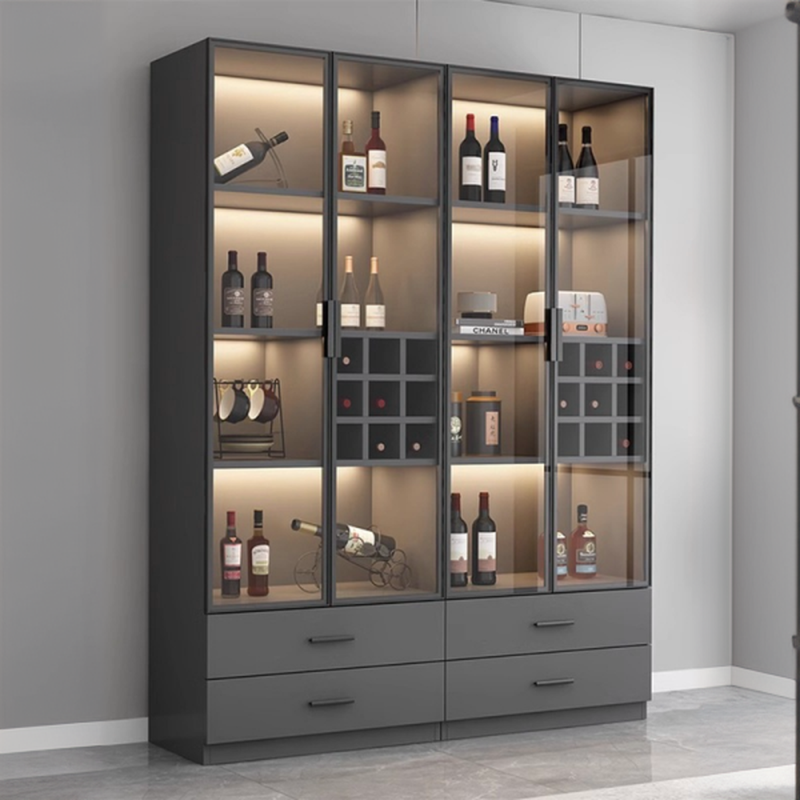 Midnight Black Slab Flooring China Cabinet with 2/4 Drawers, 4 Shelves, Wine Rack, and Lighting System