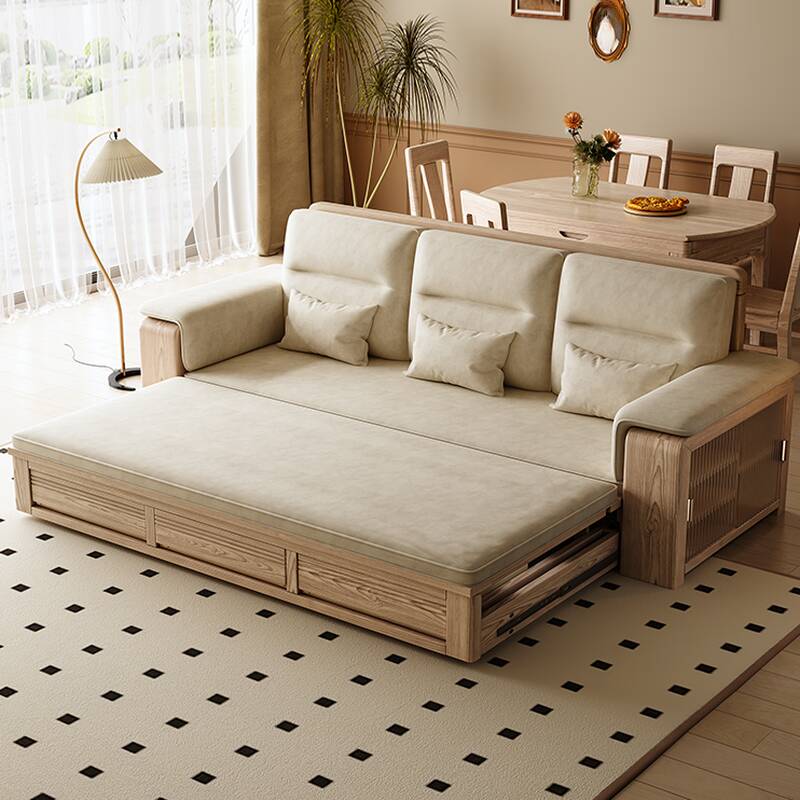 Twin XL Size Upholstered Futon Daybed with Container, 6 Pillows/5 Pillows/4 Pillows and Detachable Mattress in a Scandinavian Style