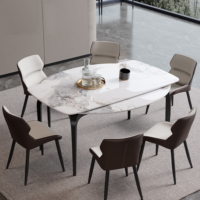 Modern Simple Style Rectangular/Rounded Dining Table with Slate Top, Fold-in Leaf Mechanism, Extendable Feature