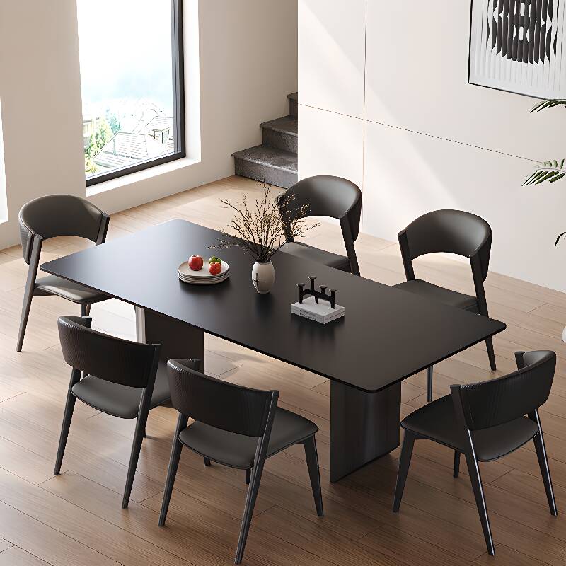 Modern Simple Style Rectangular Dining Table with Slate Top, Fixed Table Mechanism in Midnight Black