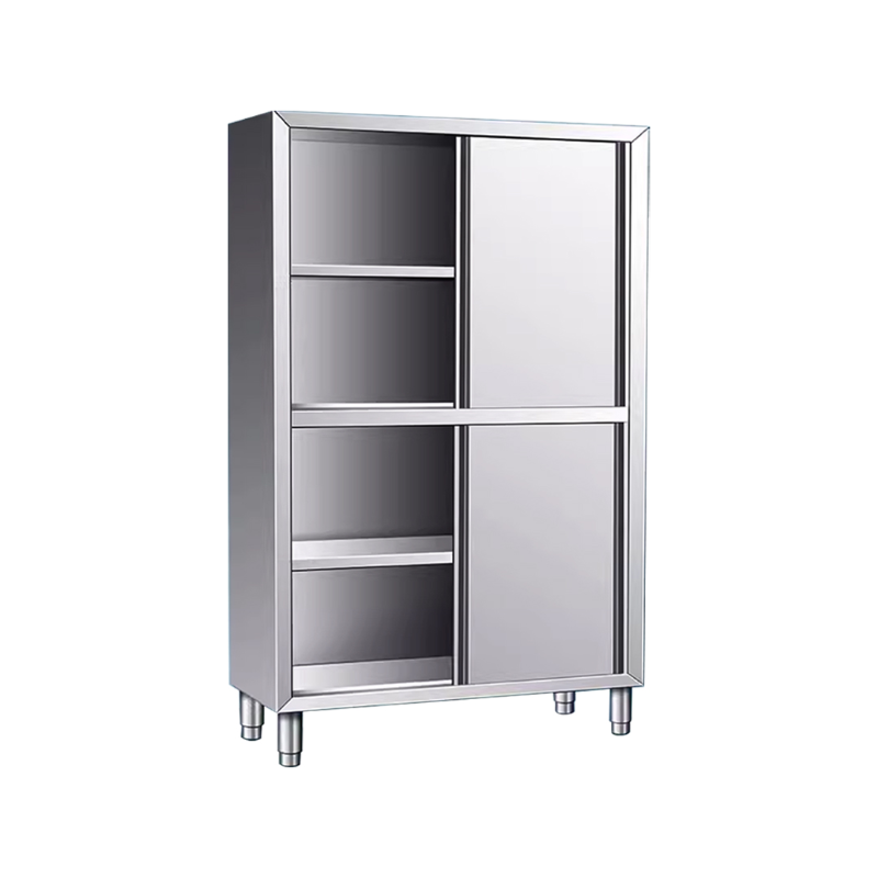 Narrow/Standard Chrome Alloy Buffet Table with Sliding Doors, Three Internal Shelves, Kitchen Cupboards, and Cupboard