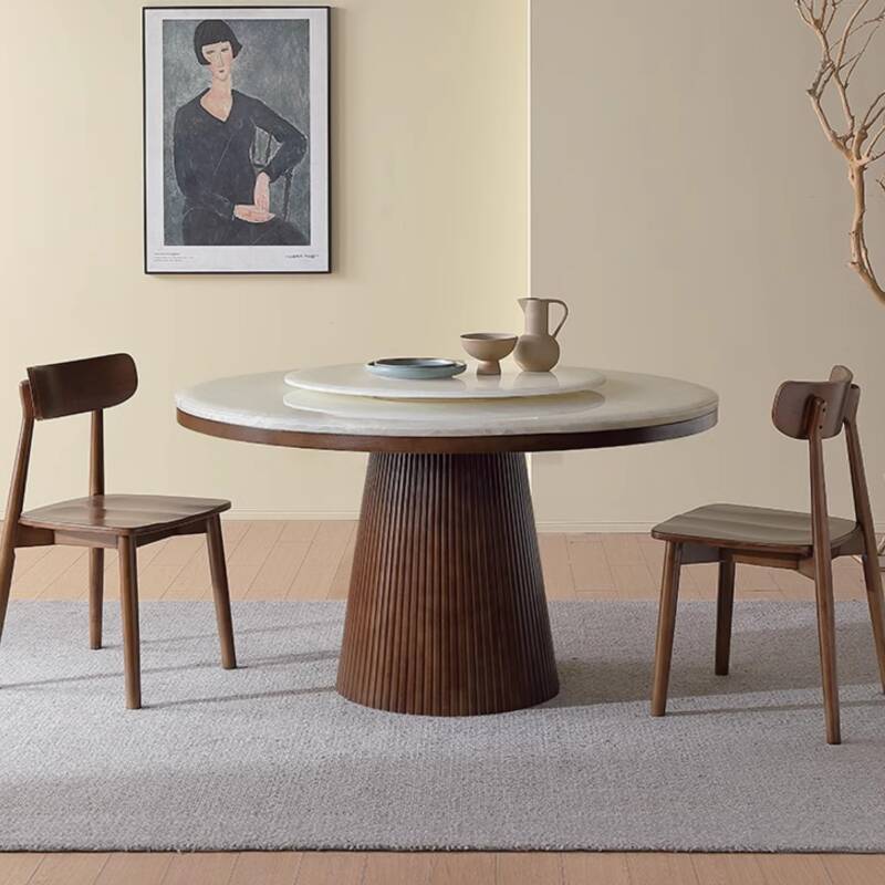 Modern Orbicular Marble Stone Dining Table Set with White Pedestal Base, Rotatable Feature