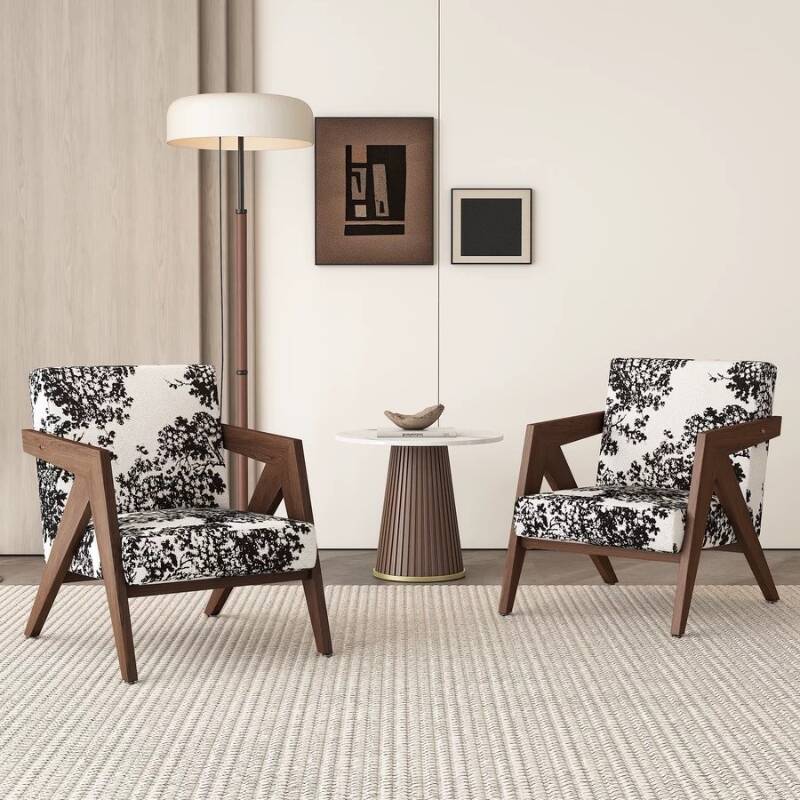 Simplistic Striped, Solid Colour, and Floral Pattern Arm Chair with Tight Back, Midnight Black/Ivory/Cocoa Upholstery, Fino Base, Memory Foam, and Sloped Arms