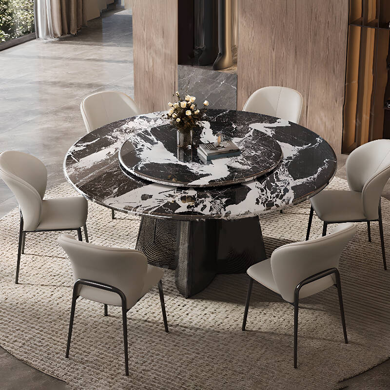 Orbicular Slate Stone Dining Table Set with Pedestal Base, Back Seats for 6 or 4, in Midnight Black