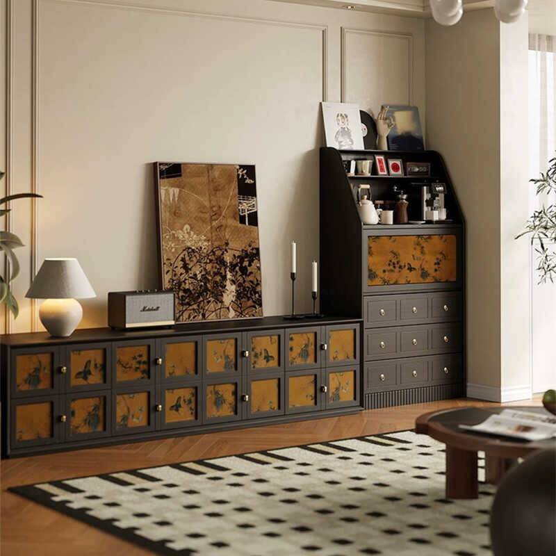 Retro Rectangle Lumber Brown/Black TV Stand with 4 Drawers and 2 Cabinets