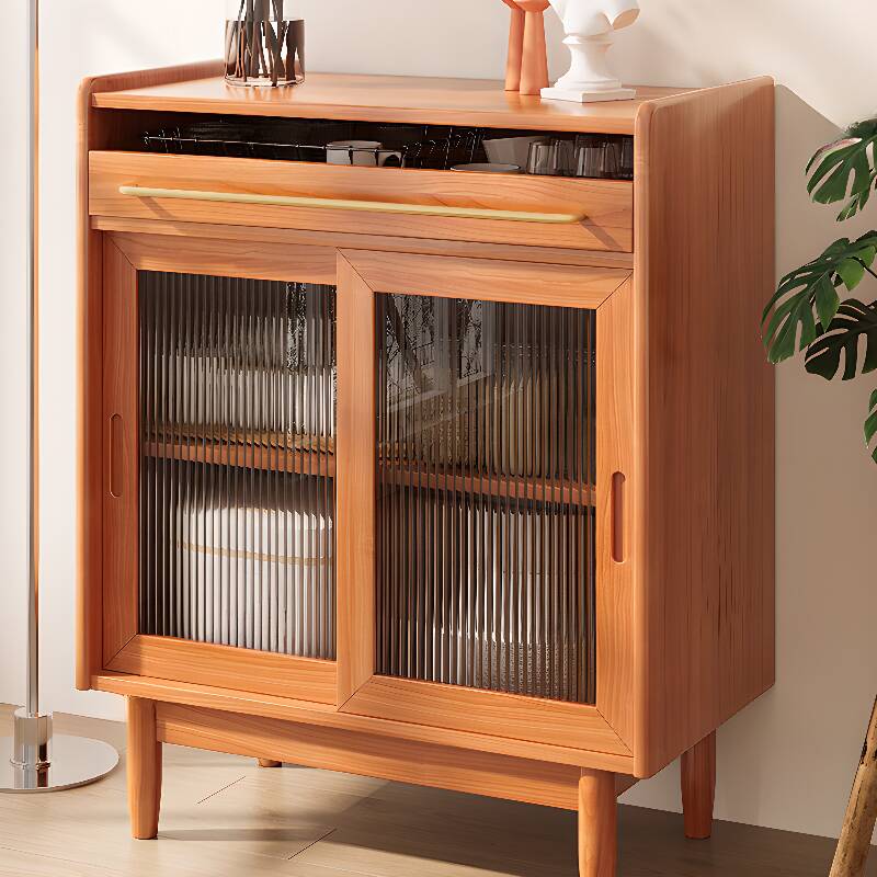 Modern Narrow Sideboard with 1 Drawer, Timber Countertop, Sliding Doors, and Flexible Shelf Kitchen Cupboards