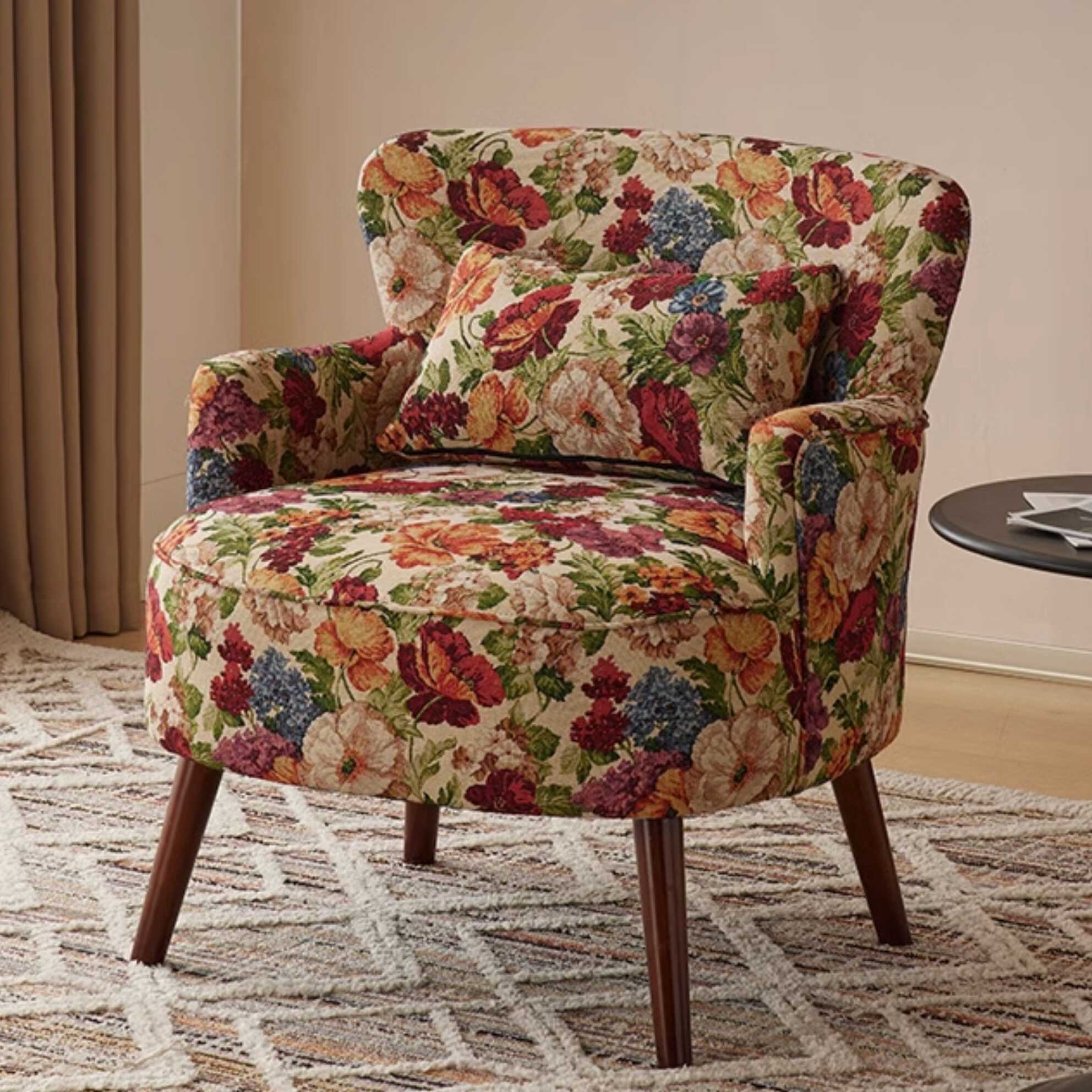 Trendy/Tropical/Bohemian Accent Chair with Solid Colour/Floral Pattern/Toile, Pillow Back, Gray/Ivory/Sepia Upholstery, Armrest, and Pillow