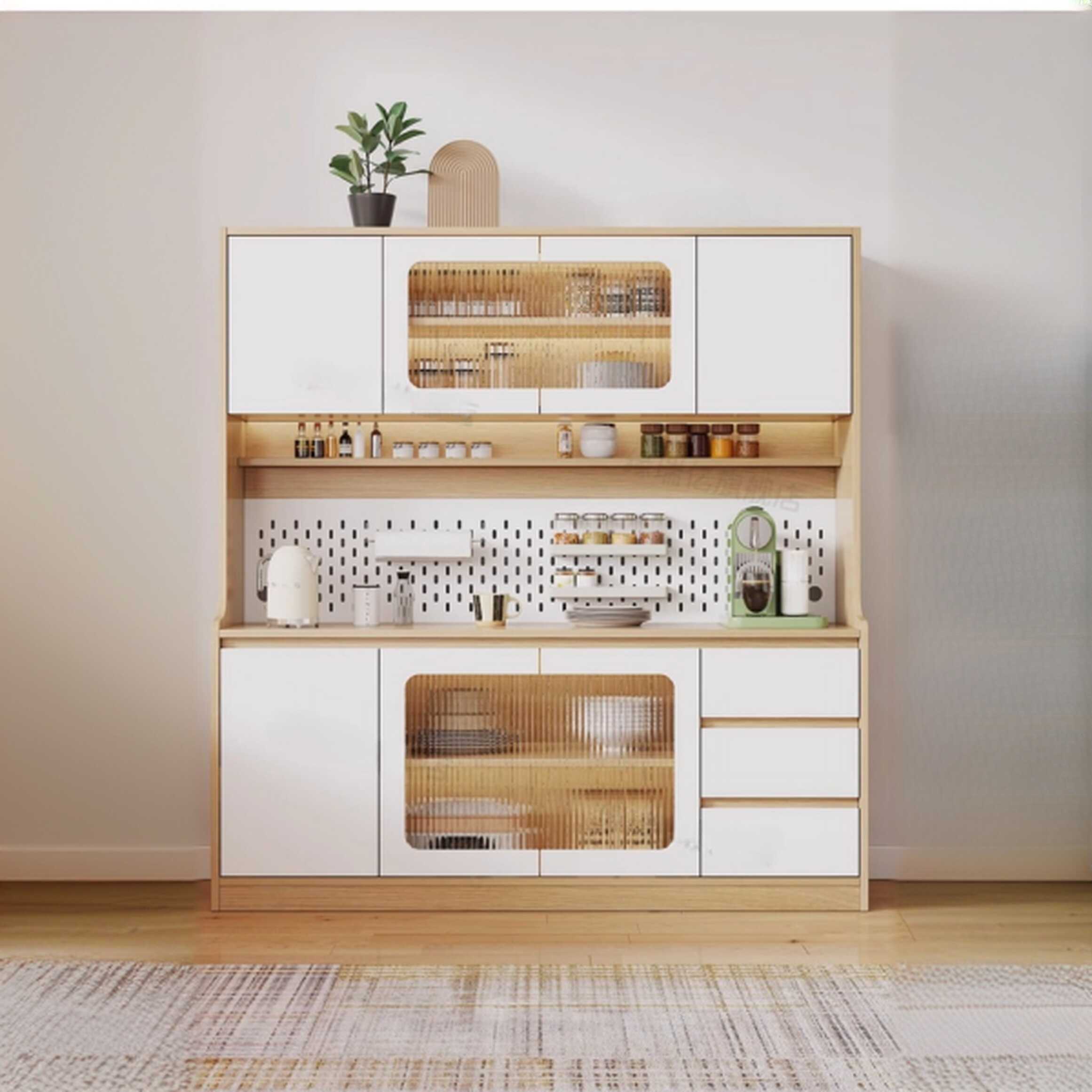 Trendy Wide Microwave Shelf Cabinet with 3 Drawers, Pantry Hutch Storage, Lumber Countertop, and Adjustable Shelving with Glazed Door