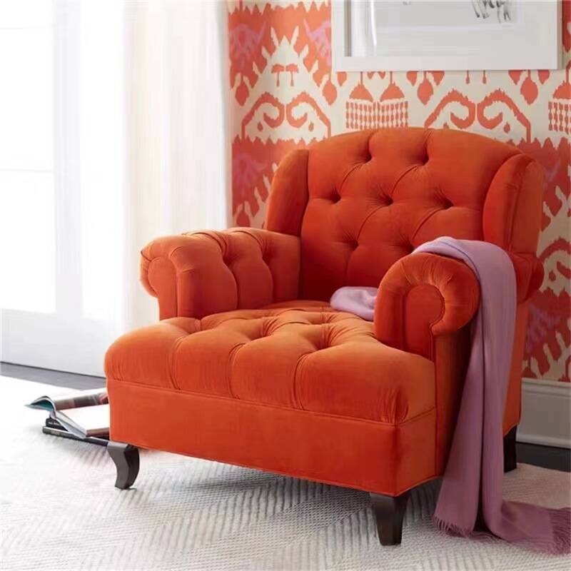 Solid Colour Pine Apricot Colour Tufted Arm Chair with Tufted Back, Arms & Four Legs