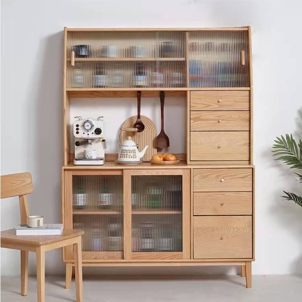 Wood Colour Art Deco Natural Wood Narrow/Standard Sideboard with Sliding Doors, Alterable Shelf, and Cabinets