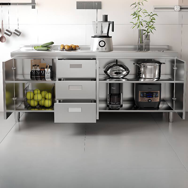 Standard/Narrow Chrome Buffet Table in Stainless Alloy with Larder, 1 Shelf and 4 Doors/3 Doors/2 Doors in a Minimalist Style