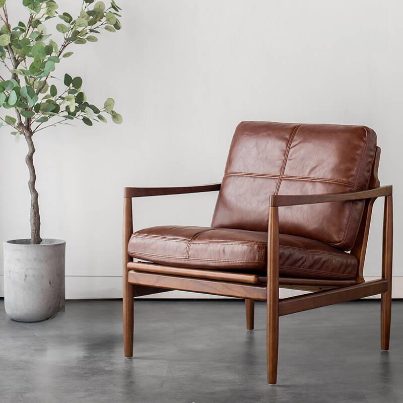 Solid Colour Lounge Chair in Coffee Wood with Arms, Four Legs and Cushion Back, Removable Cushions and Solid Wood Frame