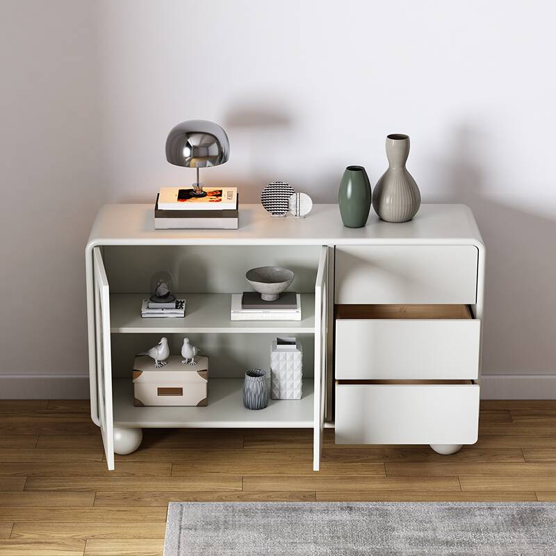 Chalk Trendy Narrow Sideboard with Glazed Door, 1 Shelf, 3 Drawers, and Kitchen Cupboards