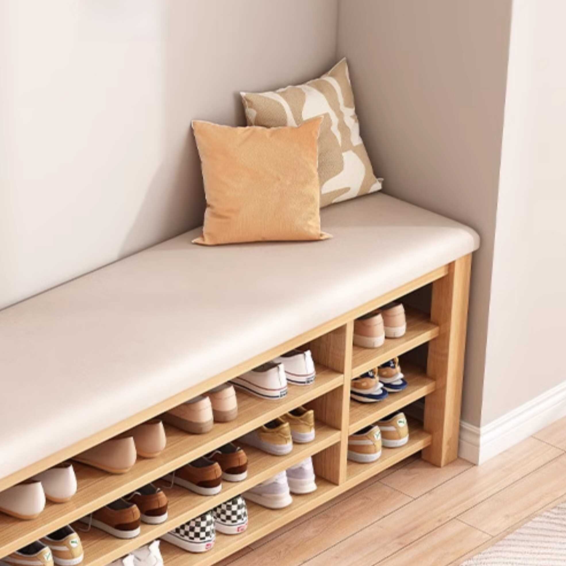 Minimalist Lumber Bench Seat for Entryway with Solid Colour, Storage Receptacle, and Cushioned Comfort