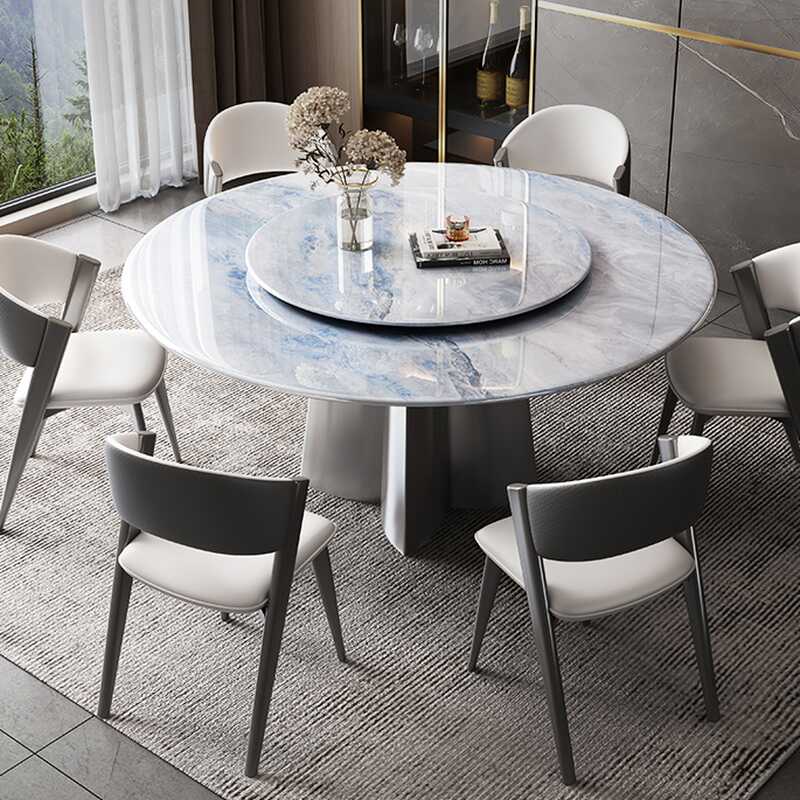 Elegant Circular Slate Stone Dining Table Set with Stump Base, Imperforate Back Chairs, and Upholstered Seating for 6