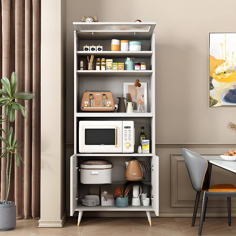 Chalk Trendy Sideboard, Narrow, Pantry Hutch, Sintered Stone Countertop, Glazed Door, and Adjustable Shelving