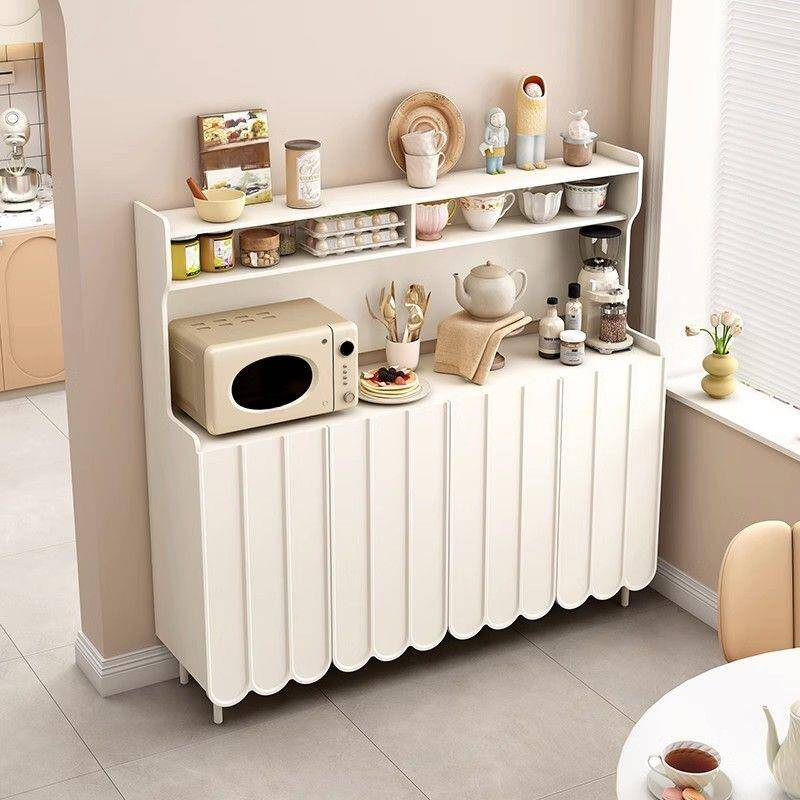 Cream Modish Sideboard with Standard/Narrow Size, 2 Shelves, Larder Storage, Reclaimed Wood Countertop, and 3/4 Doors