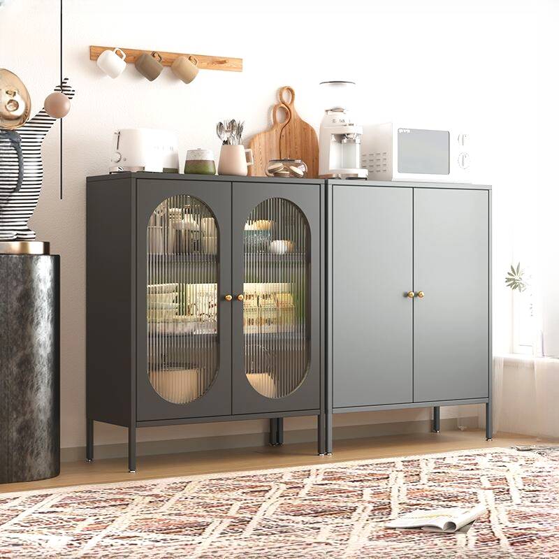 Modish Narrow Sideboard with Steel Countertop, Adjustable Shelving, and 2 Doors Kitchen Cupboards