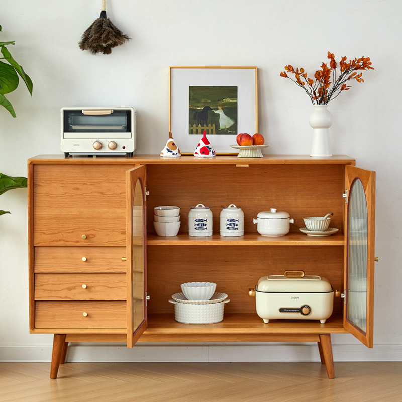 Auburn Modish Sideboard with 3 Drawers, Standard Size, Larder Storage, Glass Doors, and Adaptable Shelf