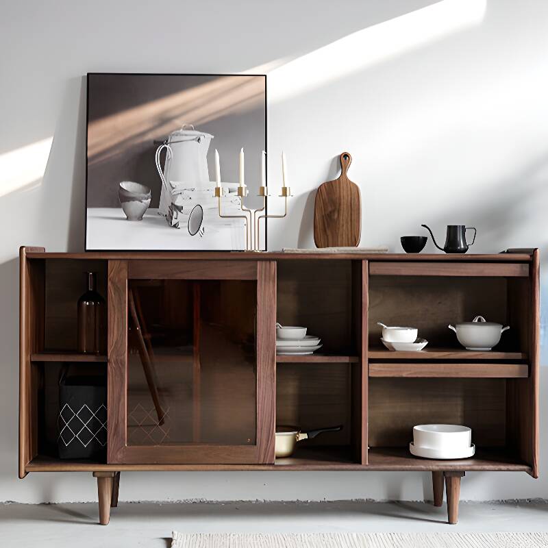 Standard Simplistic Timber Countertop Sideboard with Sliding Doors, 1 Shelf, Locker, and Cabinets