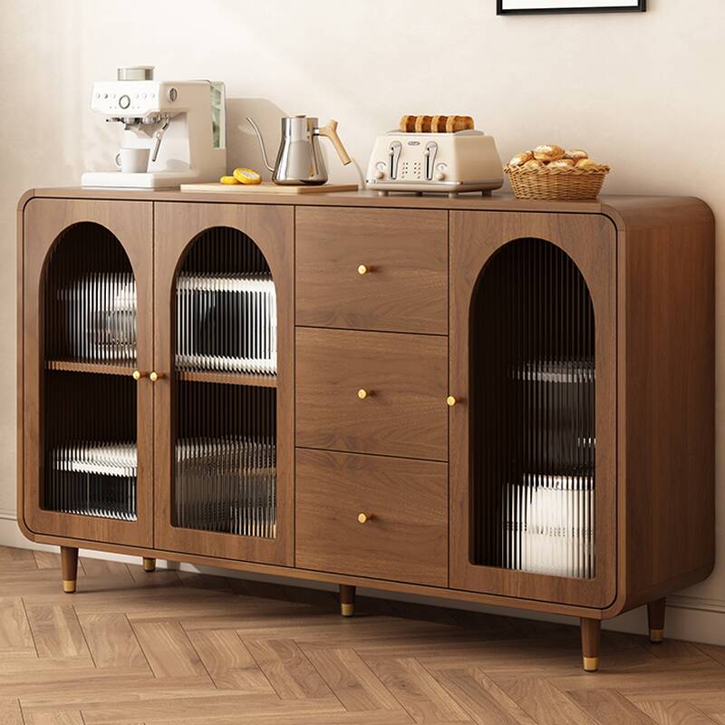 3 Drawers Modish Tan Standard Sink Cabinet with Glass Doors, 2 Shelves/1 Shelf, and Cabinets