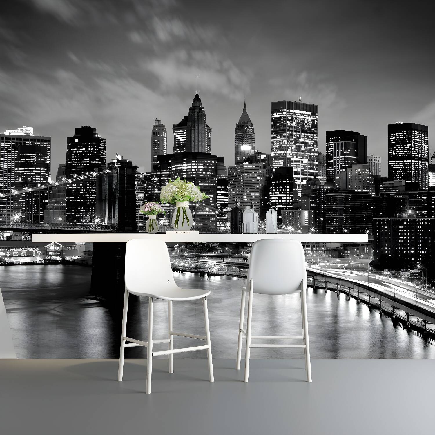 Modern Simple Wall Mural Black Night Scene of Bridge and Skyscraper Giant Wall Covering, Made to Measure