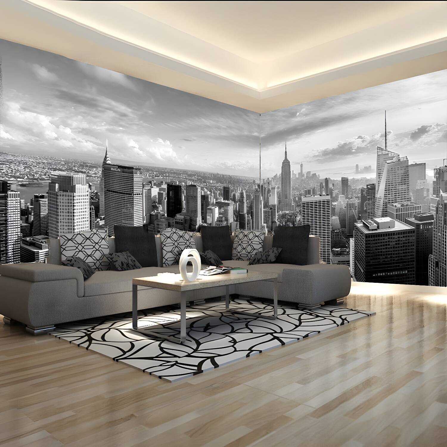Contemporary City View Mural Wallpaper for Accent Wall, Black and White, Made to Measure