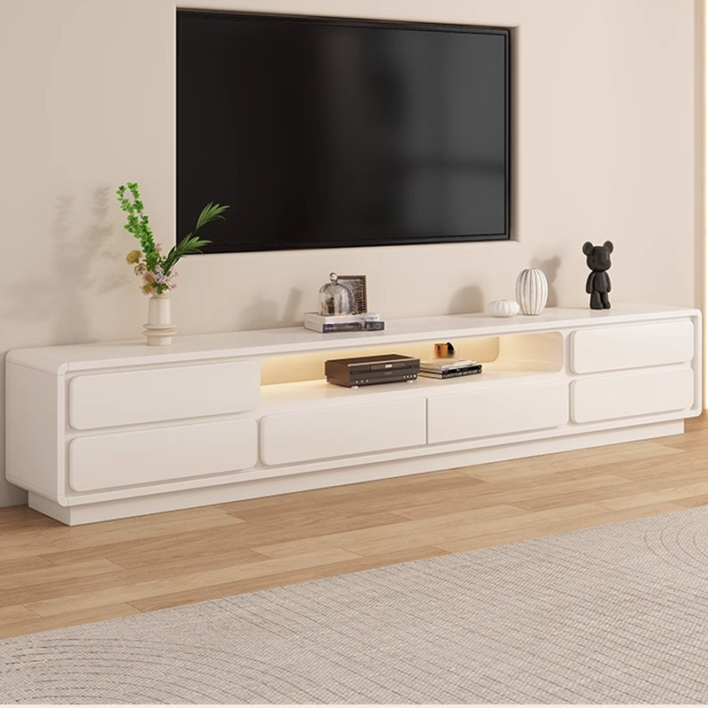 Trendy Chalk Timber TV Stand with 6-Drawer & Open-air Storage for Home