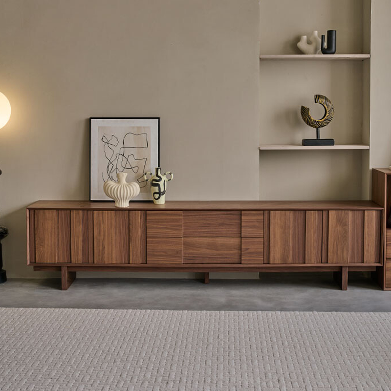 Mid-Century Modern Wood TV Stand with 2 Drawers, 2 Cabinets, and Door