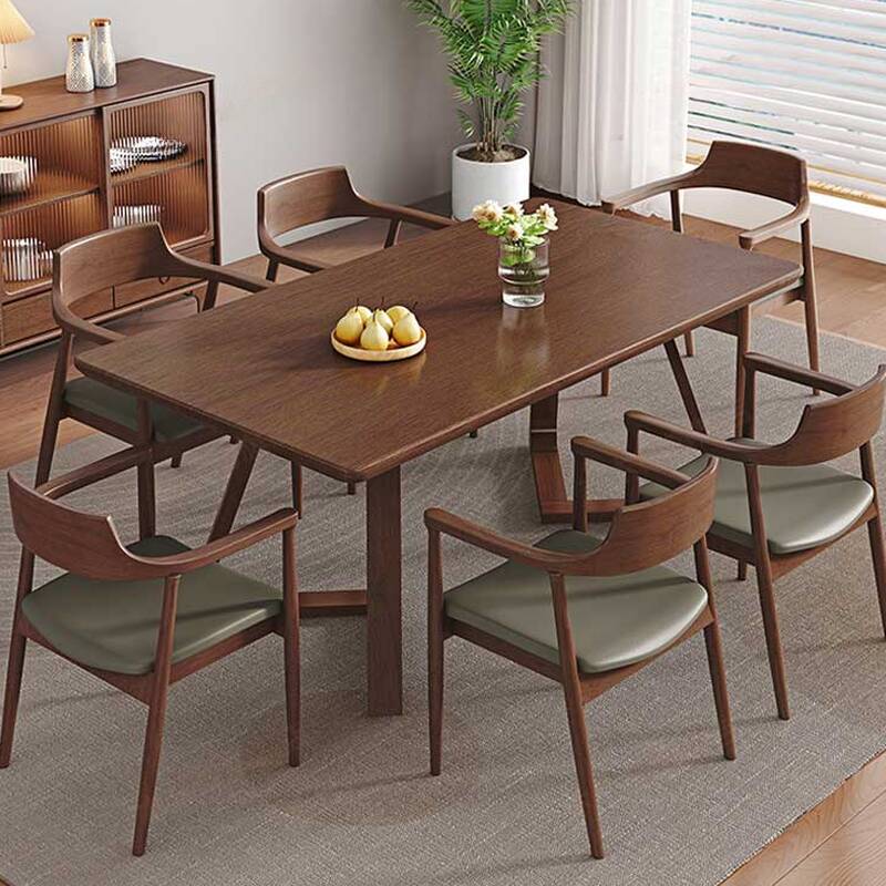 Solid Wood Twin Support Dining Table Set with Back and Arms for 6 or 4, Brown Top