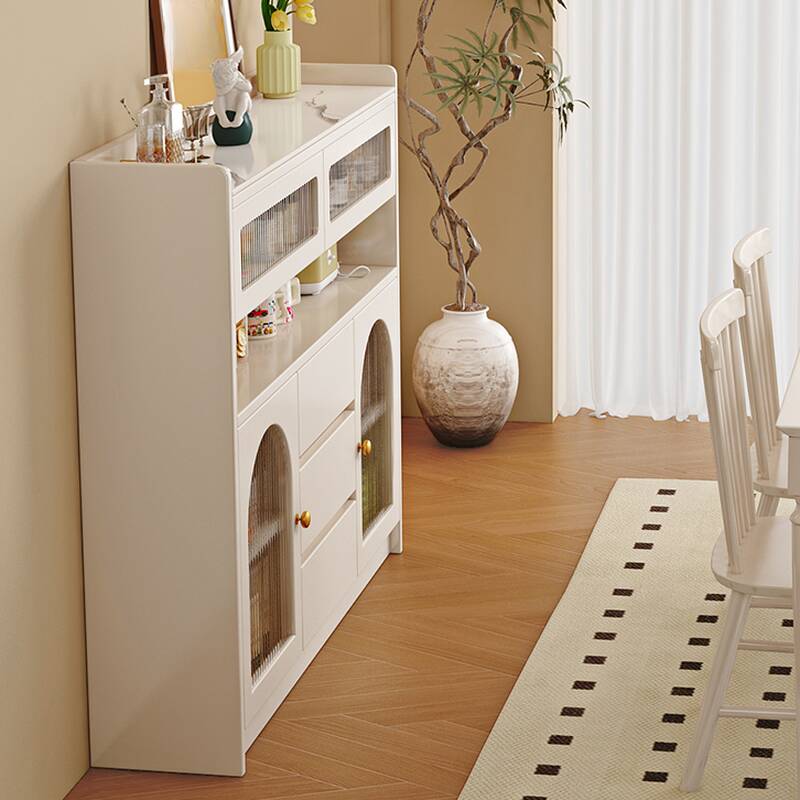 Chalk Modish Microwave Shelf Cabinet with 3 Drawers, 2 Shelves, Larder Storage, Sintered Stone Countertop, and Glass Doors