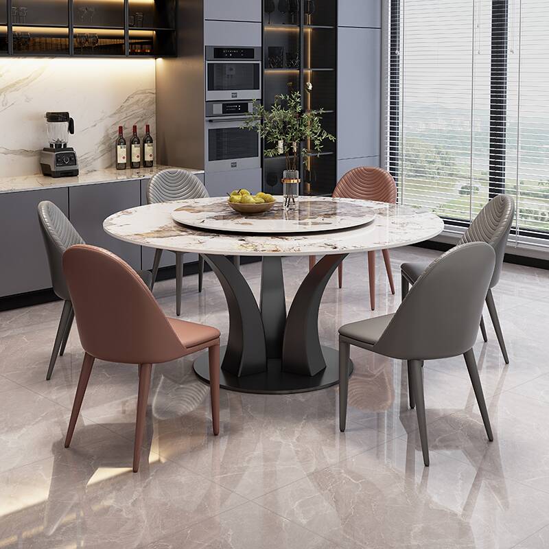 Dining Table Set with Slate Stone Top, Stump Base, Imperforate Back, Upholstered Chairs for 6, and Chalk Table Top Colour