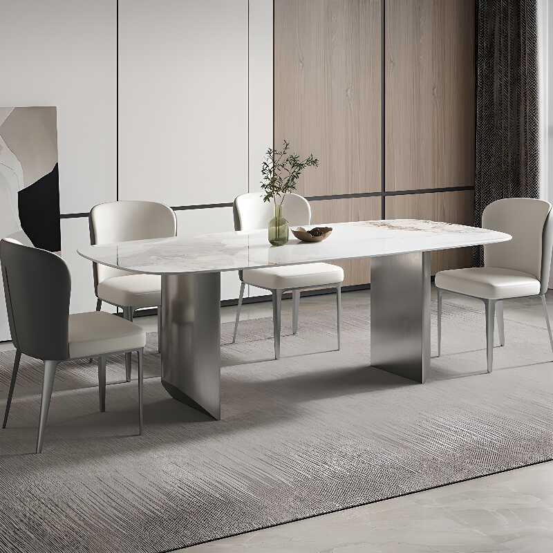 Stone Twin Support Dining Table Set with Imperforate Back and Upholstered Chairs for 6 or 4, Chalk Colour