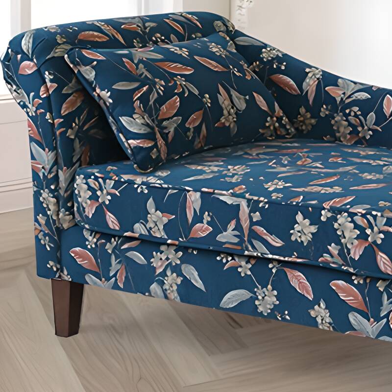 Petal-decorated Slate Blue/Beige Overstuffed Chaise Lounge Loveseat with Right-hand Arm/Left Arm