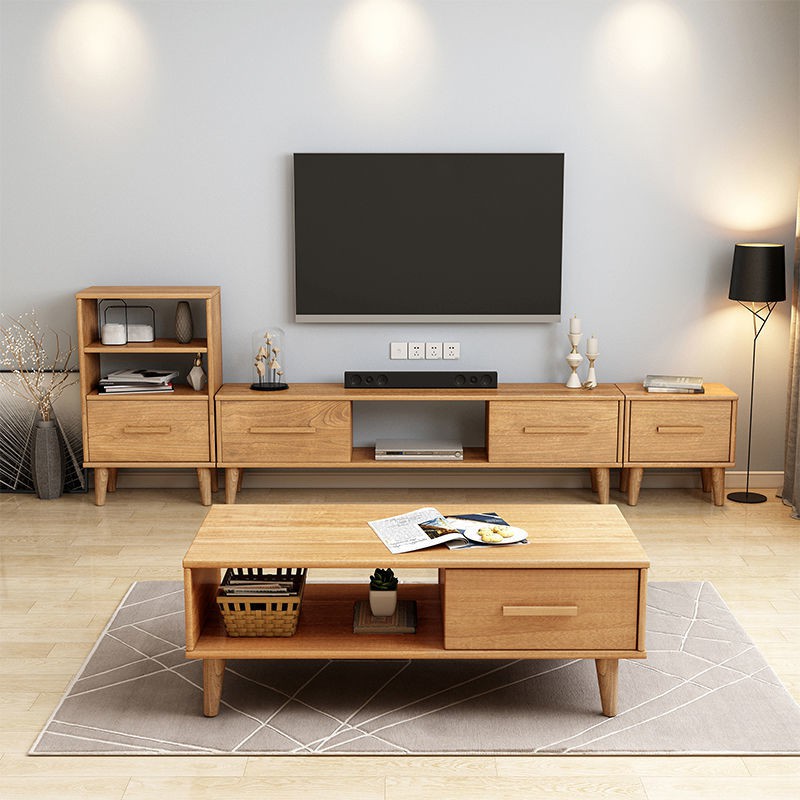 Contemporary Real Wood TV Stand with Shelf, 2 Drawers, and Unsheltered Storage