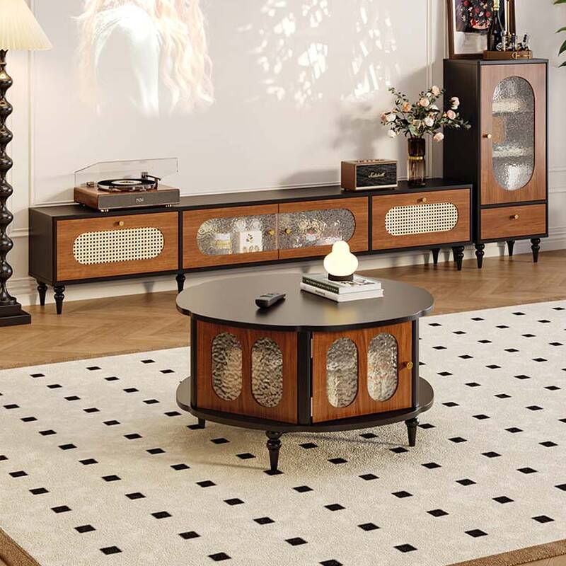 Classic Ink Timber TV Stand with 2-Cabinet, 2 Drawers and Cable Management, Rattan Door Included